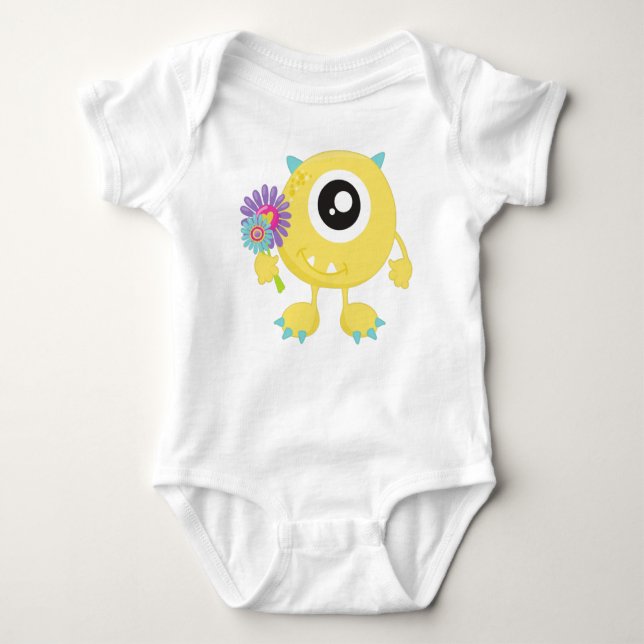 Spring Monster, Yellow Monster, Flowers, Horns Baby Bodysuit (Front)