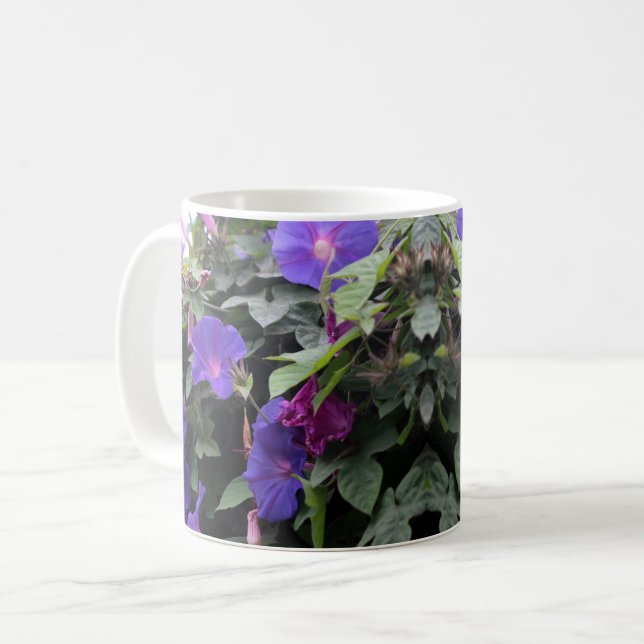 Spring Morning Glories in Blue Coffee Mug (Front Left)