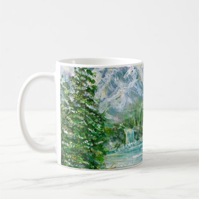 Spring mountain landscape. Original acrylic hand p Coffee Mug (Left)