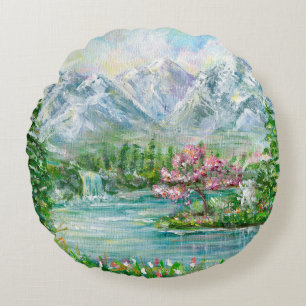 Spring mountain landscape. Original acrylic hand p Round Cushion