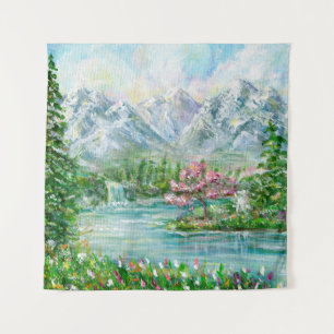 Spring mountain landscape. Original acrylic hand p Tapestry