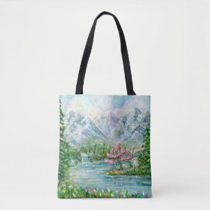 Spring mountain landscape. Original acrylic hand p Tote Bag