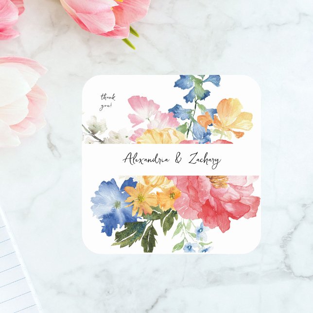 Spring Multi Colour Florals Thank You Square Sticker (Creator Uploaded)