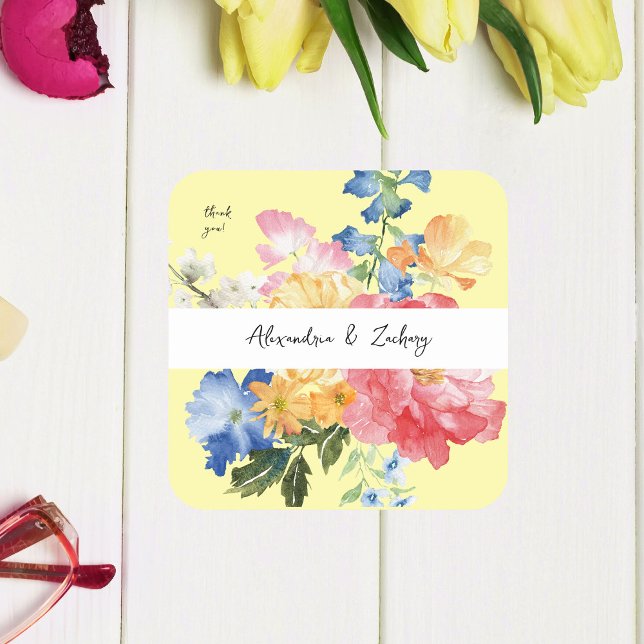 Spring Multi Colour Florals Thank You - Yellow Square Sticker (Creator Uploaded)