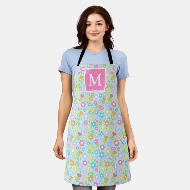 Spring Multi Colour Flowers Monogram Apron (Worn)