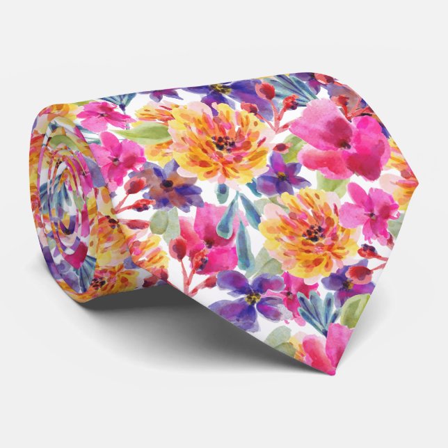 Spring Multicolor watercolor floral bloom Tie (Rolled)