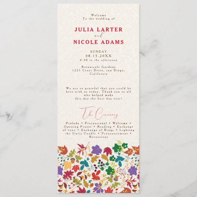 Spring Mustard Yellow Purple Meadow Flower Wedding Programme (Front)