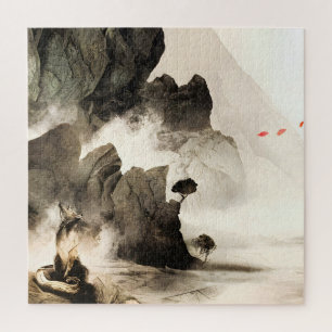 Spring Mystic Fox Misty Mountain Minimalist Zen Jigsaw Puzzle