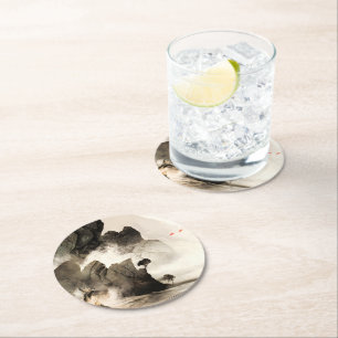 Spring Mystic Fox Misty Mountain Minimalist Zen Round Paper Coaster