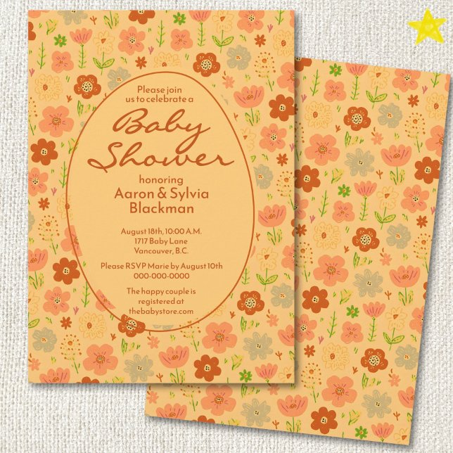 Spring Orange Flower Doodle Drawings Baby Shower Invitation (Creator Uploaded)