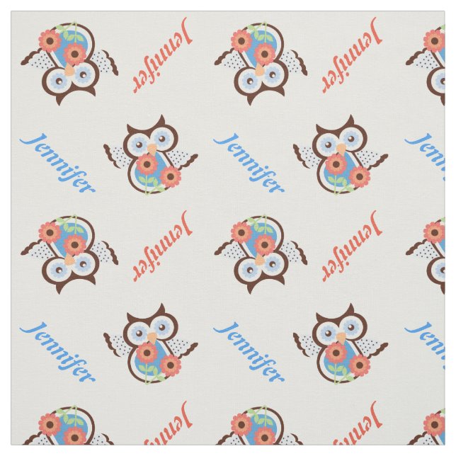 Spring owl, flowers and name personalised fabric (Swatch)