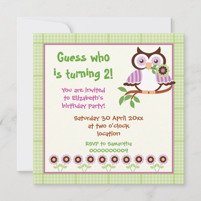 Spring owl kids birthday party green border invitation (Front)