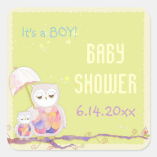Spring Owls Baby Boy Shower Square Sticker