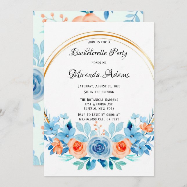 Spring Paint Blue Orange Floral Bachelorette Party Invitation (Front/Back)