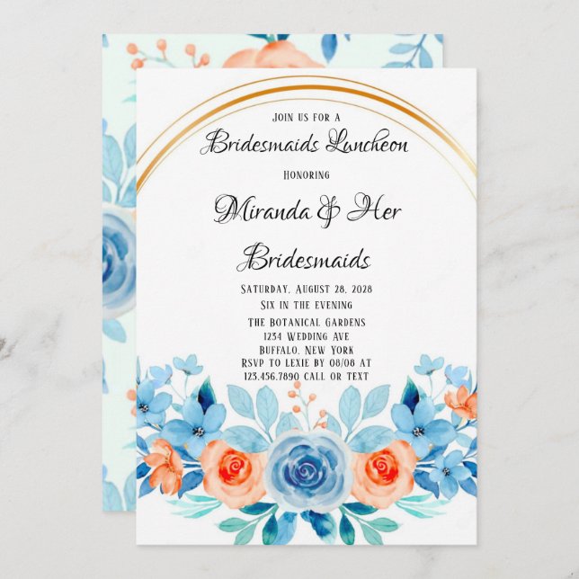 Spring Paint Blue Orange Floral Bridesmaids Lunch Invitation (Front/Back)