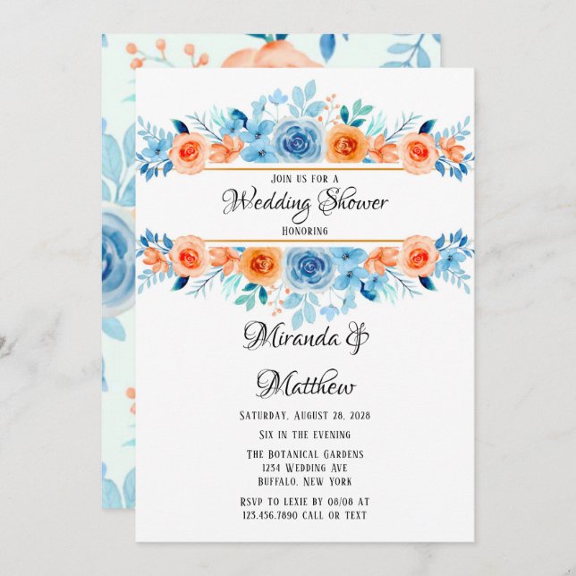 Spring Paint Blue Orange Florals Wedding Shower Invitation (Front/Back)