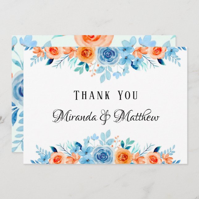 Spring Paint Blue Orange Florals Wedding Thank You Invitation (Front/Back)