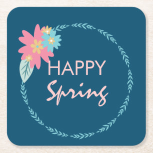 Spring Party Floral Wreath Birthday Flowers Square Paper Coaster