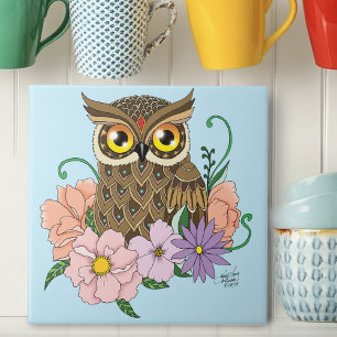 Spring Pastel Flowers Owl Tile