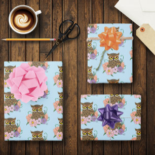 Spring Pastel Flowers Owl Wrapping Paper Sheet