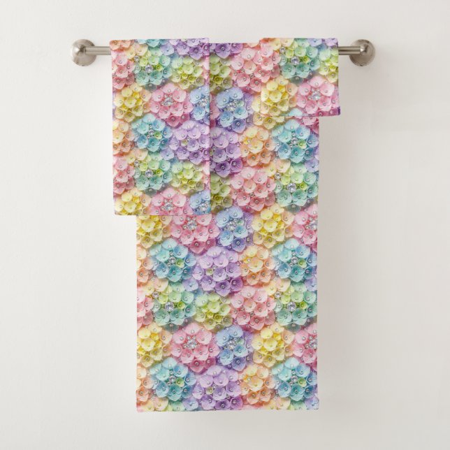 Spring Pastel Hydrangeas and Diamonds Towel Set (Insitu)