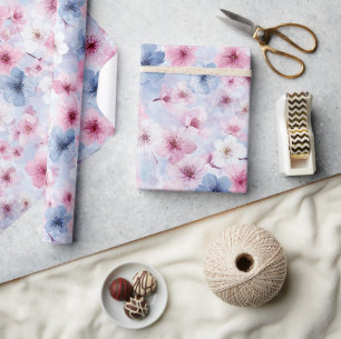 Spring Pastel Pink Blue Cherry Watercolor Pattern Wrapping Paper