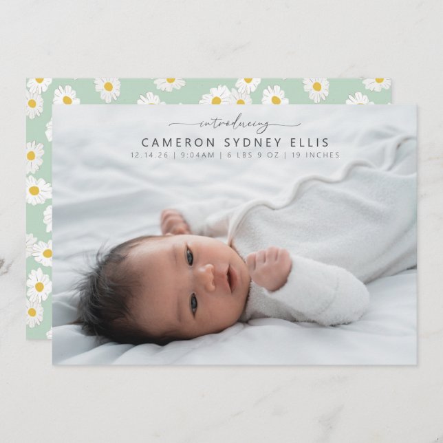 Spring Pastel Sage Green Daisies Baby Photo Birth  Announcement (Front/Back)