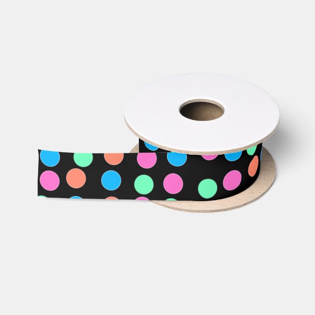 Spring Pastel Spots on Black  Satin Ribbon (Spool)