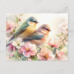 Spring Pastel Sweet Love Birds Blossoms Flowers Announcement Postcard