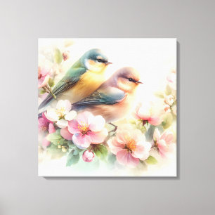 Spring Pastel Sweet Love Birds Blossoms Flowers Canvas Print