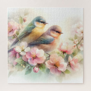 Spring Pastel Sweet Love Birds Blossoms Flowers Jigsaw Puzzle