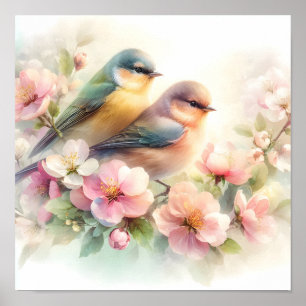 Spring Pastel Sweet Love Birds Blossoms Flowers Poster