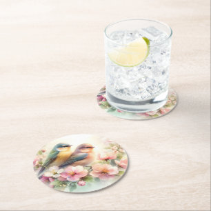 Spring Pastel Sweet Love Birds Blossoms Flowers Round Paper Coaster