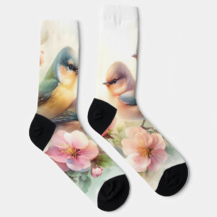Spring Pastel Sweet Love Birds Blossoms Flowers Socks