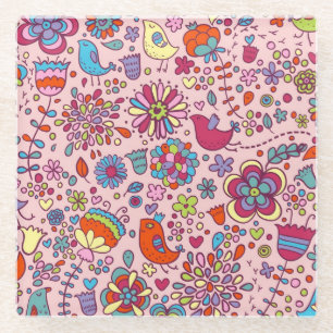 Spring pattern with colourful flowers glass coaster