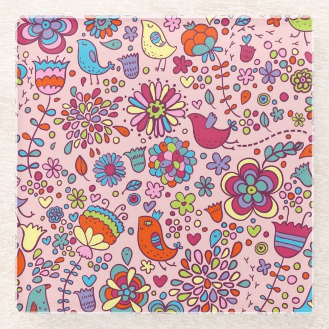 Spring pattern with colourful flowers glass coaster (Front)