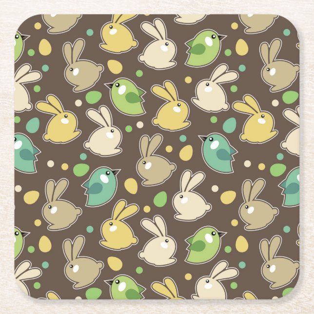 spring pattern with easter eggs,birds square paper coaster (Front)