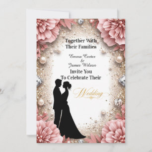 💐 Spring Peach Floral Gold Wedding Decor 🌷 Invitation