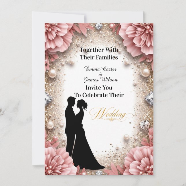 💐 Spring Peach Floral Gold Wedding Decor 🌷 Invitation (Front)