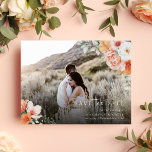 Spring Peach Floral Wedding Save the Date Photo Announcement Postcard<br><div class="desc">An elegant photo wedding save the date announcement cards perfect for spring wedding theme. It features intricate watercolor floral and botanical arrangements in peach, white and pink colours. It also has two monograms at the back and a wedding website for you to personalise. ( Placement Photo courtesy of Priscilla on...</div>