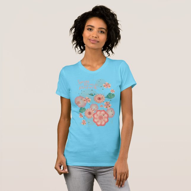 Spring Peach Garden Flying Peacock Floral Ornament T-Shirt (Front Full)