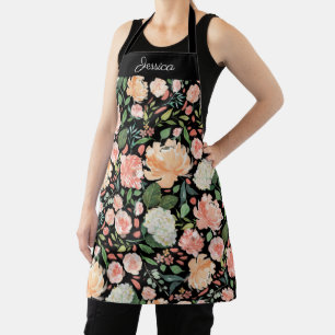 Spring Peach Watercolor Floral on Black Name Apron