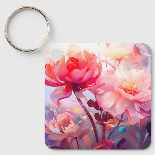 Spring Peony Bloom Garden Watercolor Key Ring (Front)