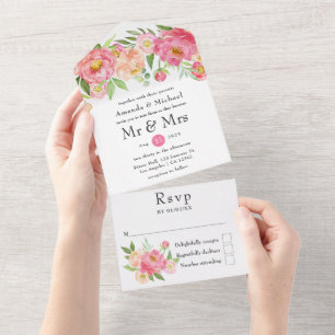 Spring Peony Flower Wedding All In One Invitation