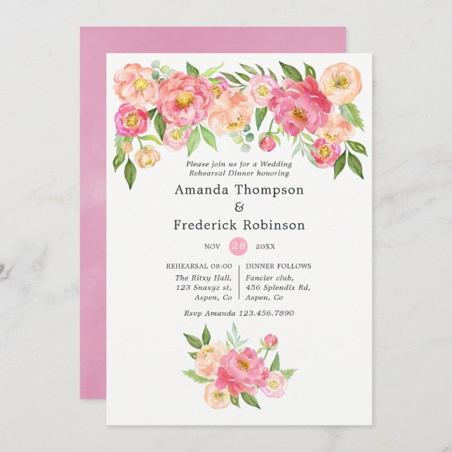 Spring Peony Flowers Wedding Rehearsal Dinner Invitation (Front/Back)