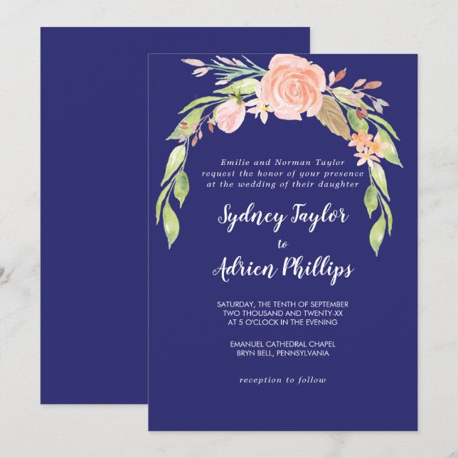 Spring Peony Navy Formal Wedding Invitation (Front/Back)