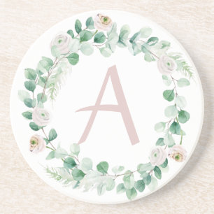 Spring peony wreath with letter customisable coaster