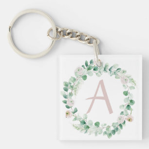 Spring peony wreath with letter customisable key ring