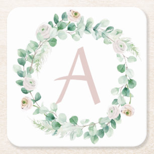 Spring peony wreath with letter customisable square paper coaster