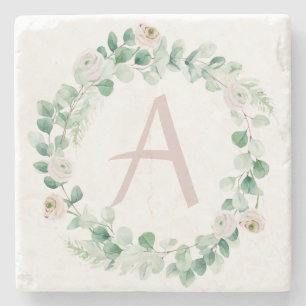 Spring peony wreath with letter customisable stone coaster